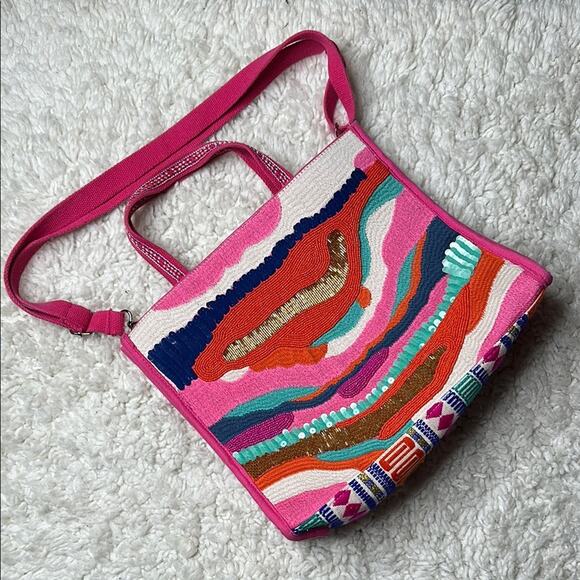 America & Beyond Colorful Pink Women's Bag Colorful Boho Abstract Beaded Square - Picture 1 of 8